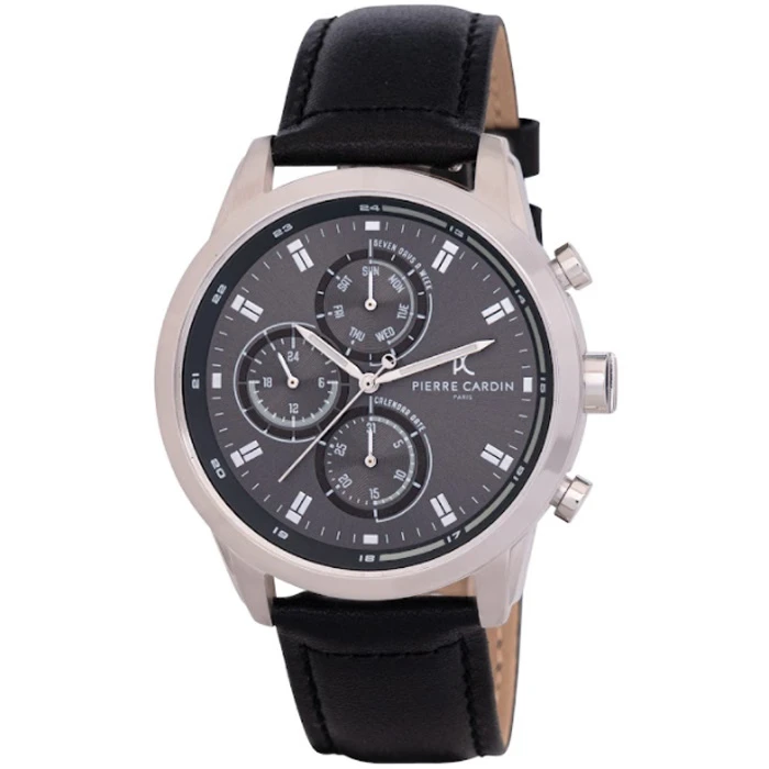 Мъжки ръчен часовник с кварцов механизъм - корпус от Стомана - Естествена кожа - цвят Черен Черен