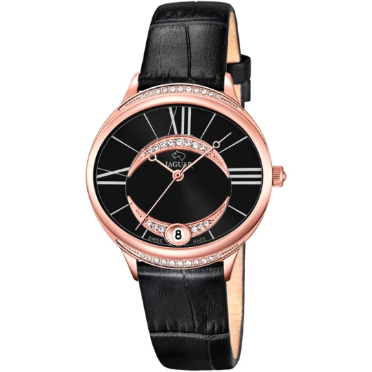 Дамски ръчен часовник с кварцов механизъм - корпус от Стомана - Естествена кожа - цвят Черен Черен