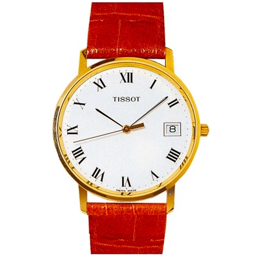 Мъжки ръчен часовник с кварцов механизъм - корпус от Жълто злато 18К - Естествена кожа - цвят Бял Червен