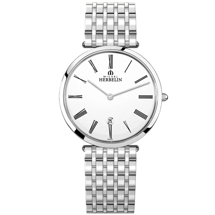 Мъжки ръчен часовник с кварцов механизъм - корпус от Стомана - Стоманена верижка - цвят Бял Сив