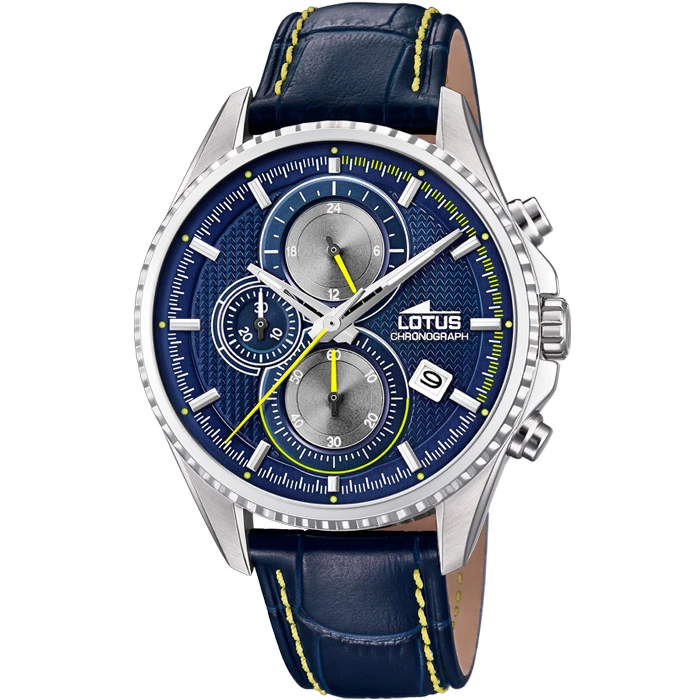 Мъжки ръчен часовник с кварцов механизъм - корпус от Стомана - Естествена кожа - цвят Син Жълт