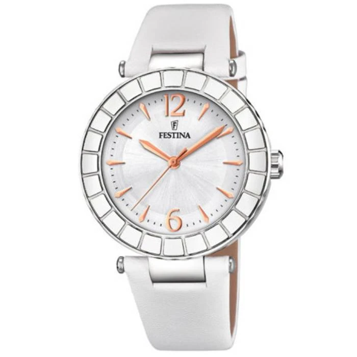 Дамски ръчен часовник с кварцов механизъм - корпус от Стомана - Естествена кожа - цвят Сребрист Бял