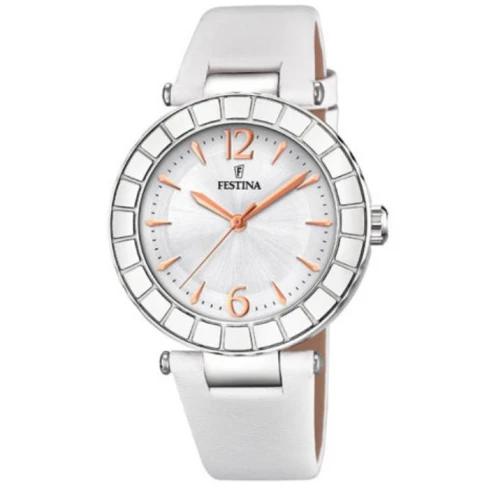 Дамски ръчен часовник с кварцов механизъм - корпус от Стомана - Естествена кожа - цвят Сребрист Бял