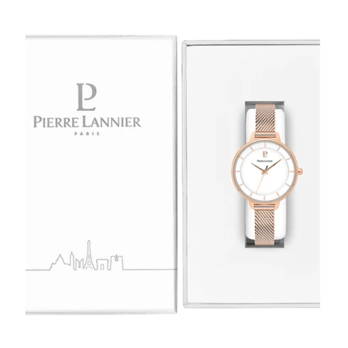 Дамски ръчен часовник с кварцов механизъм - корпус от Стомана - Меш - цвят Бял Розово Злато