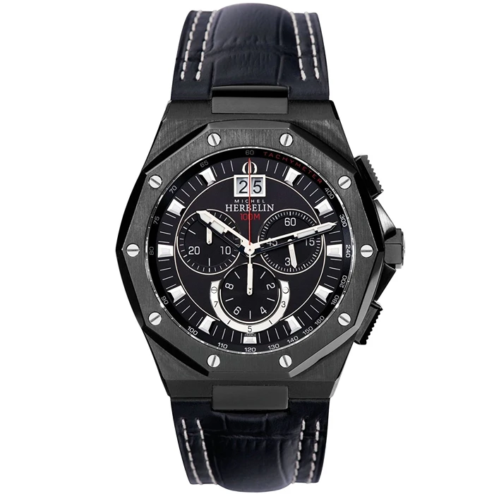 Мъжки ръчен часовник с кварцов механизъм - корпус от Стомана - Естествена кожа - цвят Черен Бял