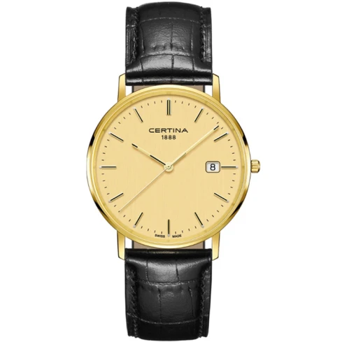 Мъжки ръчен часовник с кварцов механизъм - корпус от Жълто злато 18К - Естествена кожа - цвят Шампанско Черен