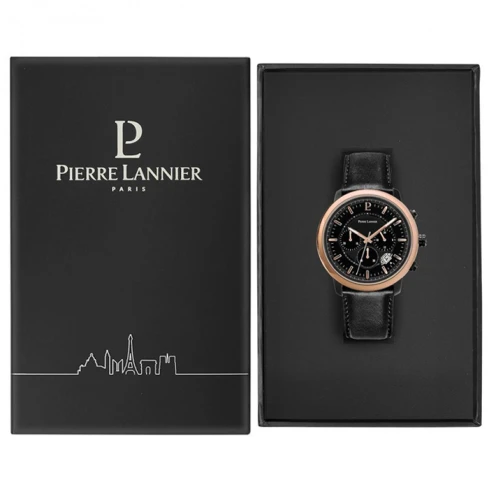 Мъжки ръчен часовник с кварцов механизъм - корпус от Стомана - Естествена кожа - цвят Черен Черен