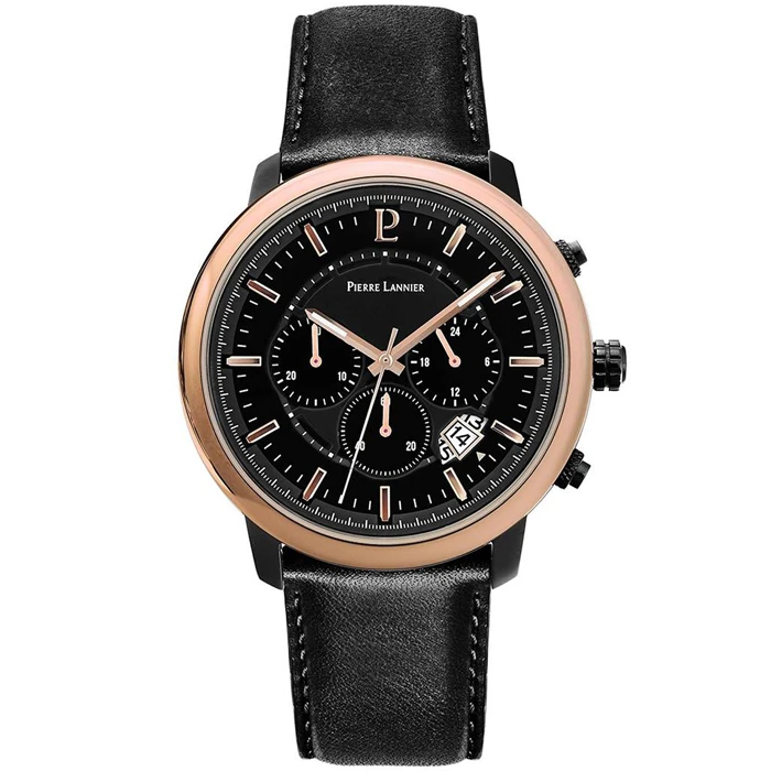 Мъжки ръчен часовник с кварцов механизъм - корпус от Стомана - Естествена кожа - цвят Черен Черен