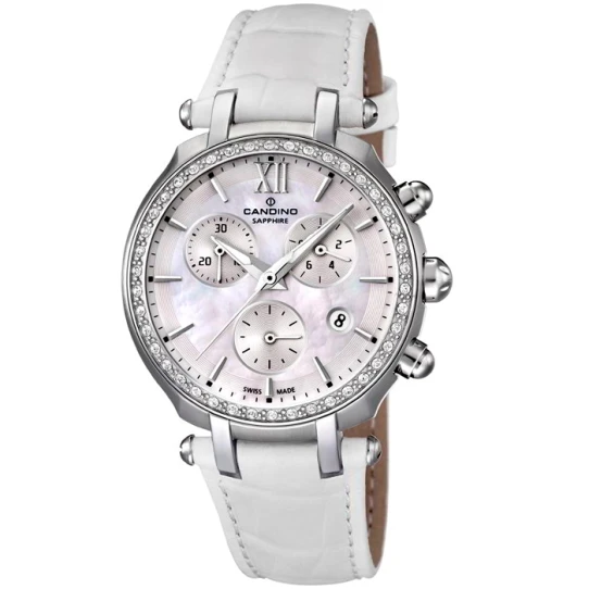 Дамски ръчен часовник с кварцов механизъм - корпус от Стомана - Естествена кожа - цвят Седеф Бял