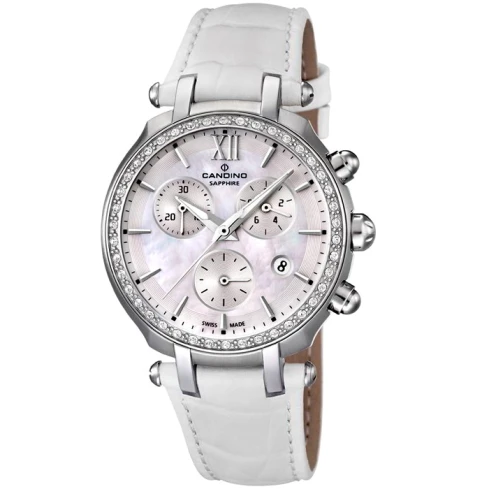 Дамски ръчен часовник с кварцов механизъм - корпус от Стомана - Естествена кожа - цвят Седеф Бял