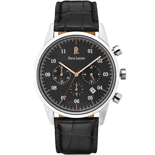 Мъжки ръчен часовник с кварцов механизъм - корпус от Стомана - Естествена кожа - цвят Черен Черен