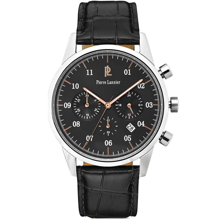 Мъжки ръчен часовник с кварцов механизъм - корпус от Стомана - Естествена кожа - цвят Черен Черен