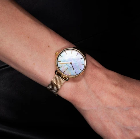 Дамски ръчен часовник с кварцов механизъм - корпус от Стомана - Меш - цвят Седеф Злато