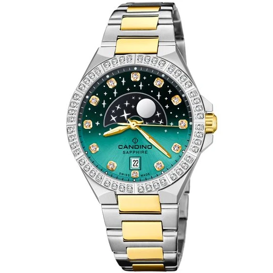 Дамски ръчен часовник с кварцов механизъм - корпус от Стомана и злато 18К - Стоманена верижка - цвят Зелен