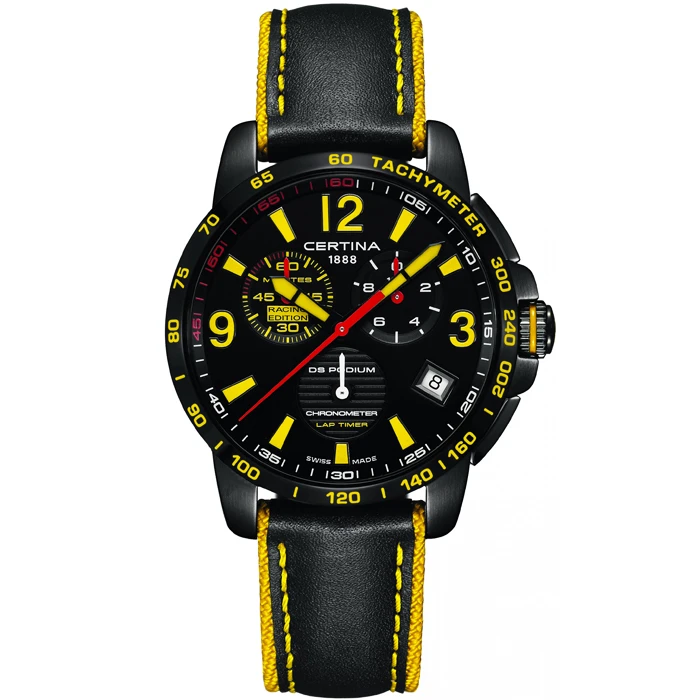 Мъжки ръчен часовник с кварцов механизъм - корпус от Стомана - Естествена кожа - цвят Черен Жълт