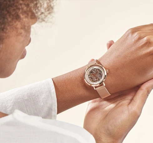 Дамски ръчен часовник с автоматичен механизъм - корпус от Стомана - Меш - цвят Скелетон Розово Злато