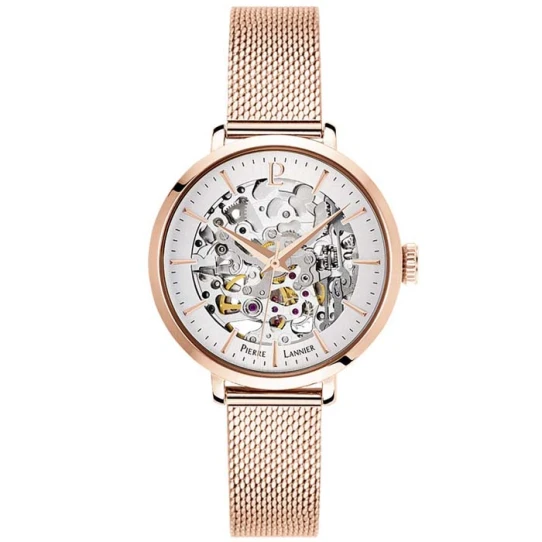 Дамски ръчен часовник с автоматичен механизъм - корпус от Стомана - Меш - цвят Скелетон Розово Злато