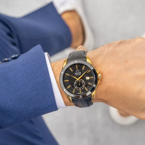 Мъжки ръчен часовник с кварцов механизъм - корпус от Стомана - Естествена кожа - цвят Черен Черен