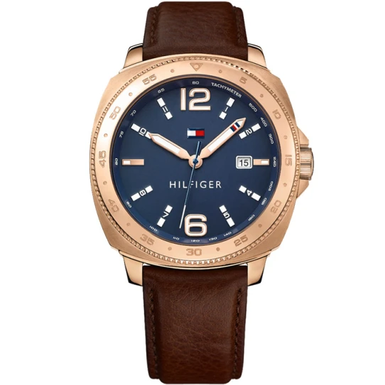 Мъжки ръчен часовник с кварцов механизъм - корпус от Стомана - Естествена кожа - цвят Син Кафяв