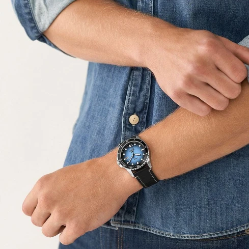 Мъжки ръчен часовник с кварцов механизъм - корпус от Стомана - Естествена кожа - цвят Син Черен