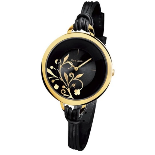 Дамски ръчен часовник с кварцов механизъм - корпус от Стомана - Естествена кожа - цвят Черен Черен