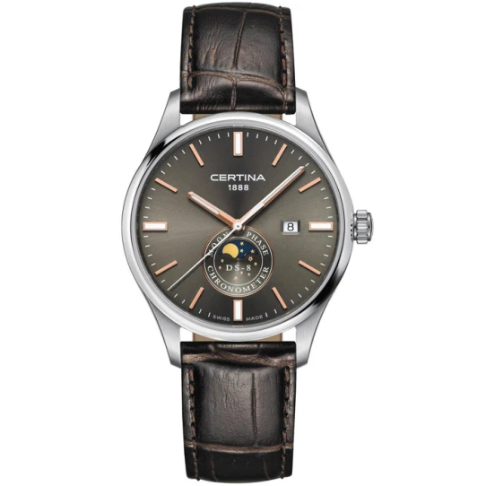 Мъжки ръчен часовник с кварцов механизъм - корпус от Стомана - Естествена кожа - цвят Сив Кафяв