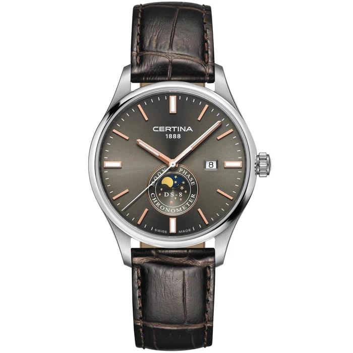 Мъжки ръчен часовник с кварцов механизъм - корпус от Стомана - Естествена кожа - цвят Сив Кафяв