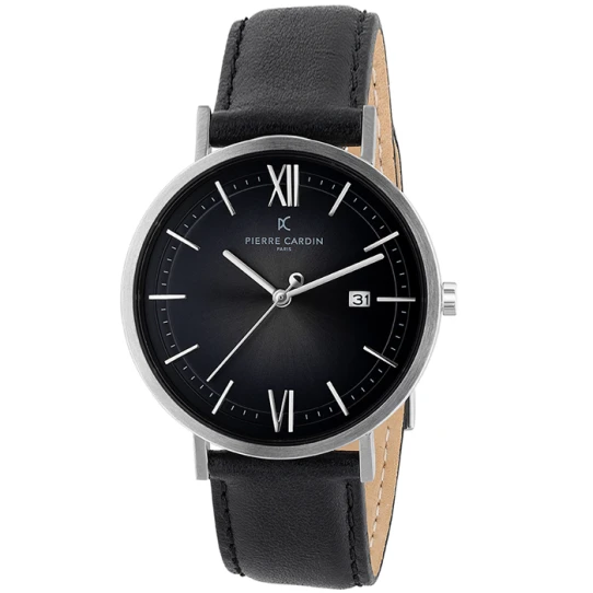 Мъжки ръчен часовник с кварцов механизъм - корпус от Стомана - Естествена кожа - цвят Черен Черен