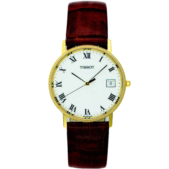 Мъжки ръчен часовник с кварцов механизъм - корпус от Жълто злато 18К - Естествена кожа - цвят Бял Кафяв