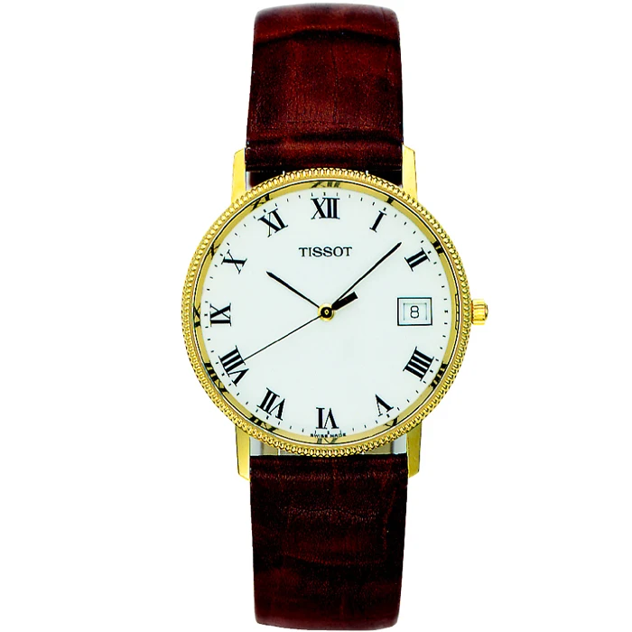 Мъжки ръчен часовник с кварцов механизъм - корпус от Жълто злато 18К - Естествена кожа - цвят Бял Кафяв