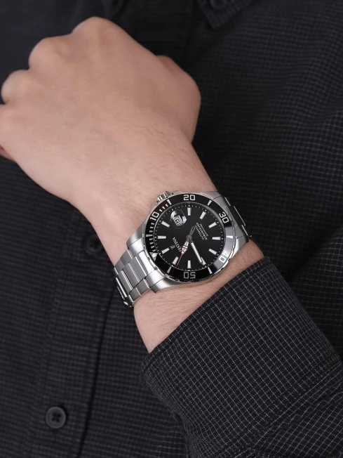 Мъжки ръчен часовник с автоматичен механизъм - корпус от Стомана - Стоманена верижка - цвят Черен