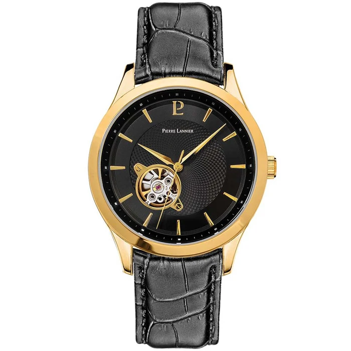 Мъжки ръчен часовник с автоматичен механизъм - корпус от Стомана - Естествена кожа - цвят Черен