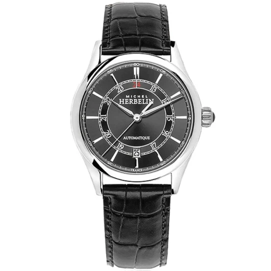 Мъжки ръчен часовник с автоматичен механизъм - корпус от Стомана - Естествена кожа - цвят Черен Черен