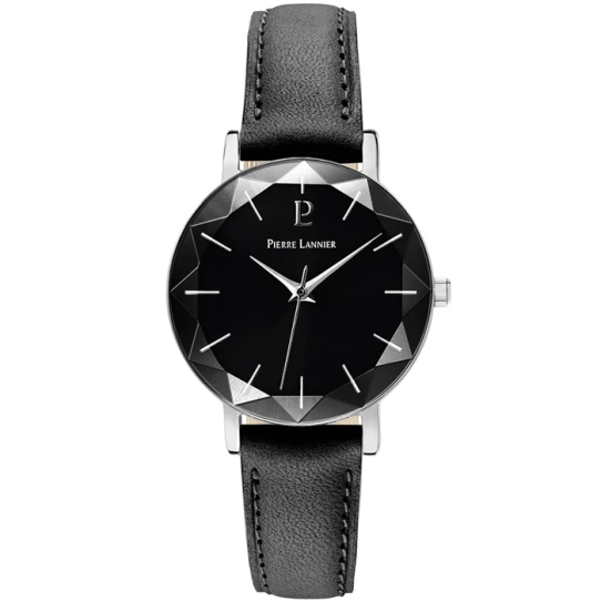 Дамски ръчен часовник с кварцов механизъм - корпус от Стомана - Естествена кожа - цвят Черен Черен