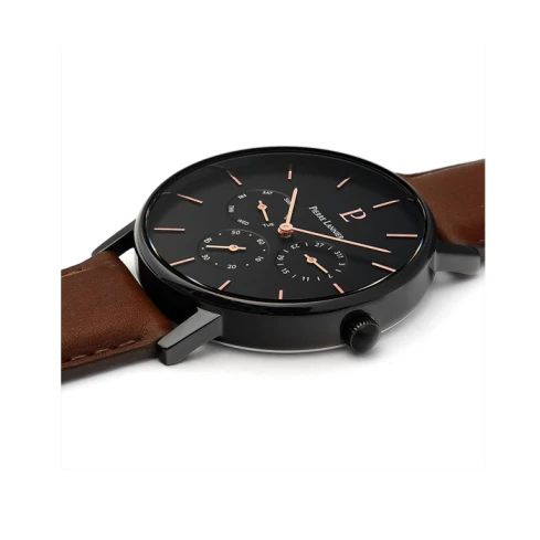 Мъжки ръчен часовник с кварцов механизъм - корпус от Стомана - Естествена кожа - цвят Черен Кафяв