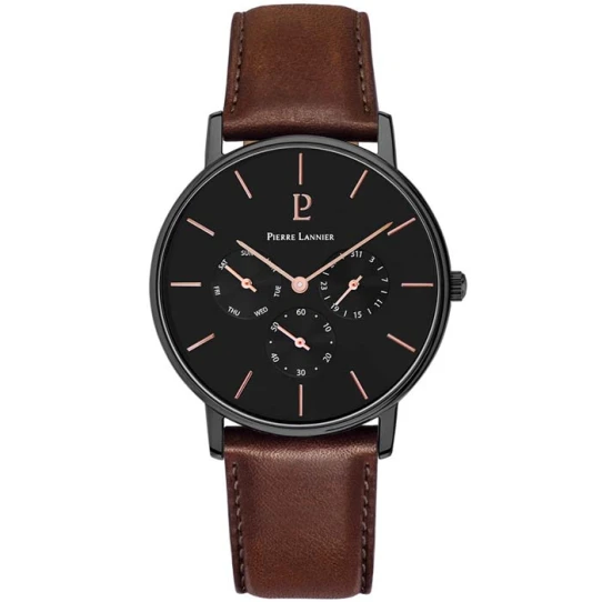 Pierre Lannier 209F434 Cuir Brun - Мъжки ръчен часовник с кварцов механизъм - корпус от Стомана - Естествена кожа - цвят Черен Кафяв