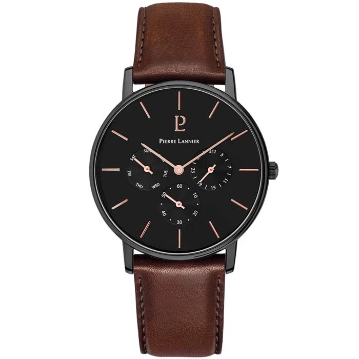 Мъжки ръчен часовник с кварцов механизъм - корпус от Стомана - Естествена кожа - цвят Черен Кафяв