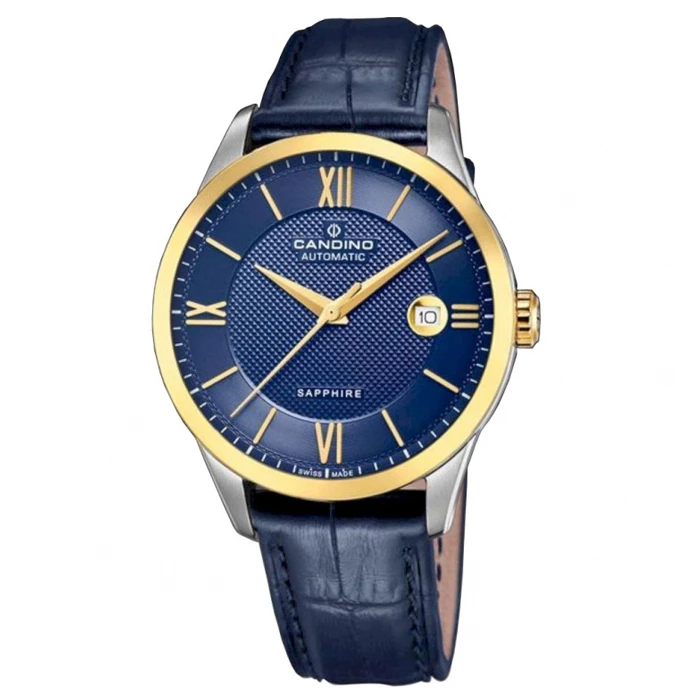 Мъжки ръчен часовник с автоматичен механизъм - корпус от Стомана - Естествена кожа - цвят Син Злато