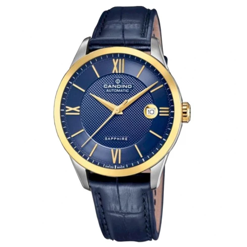 Мъжки ръчен часовник с автоматичен механизъм - корпус от Стомана - Естествена кожа - цвят Син Злато