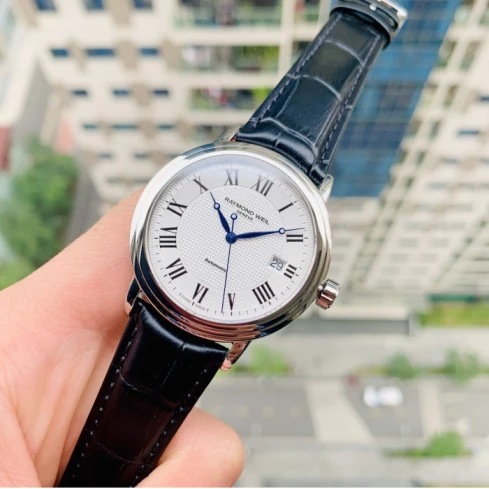 Мъжки ръчен часовник с автоматичен механизъм - корпус от Стомана - Естествена кожа - цвят Сребрист Черен