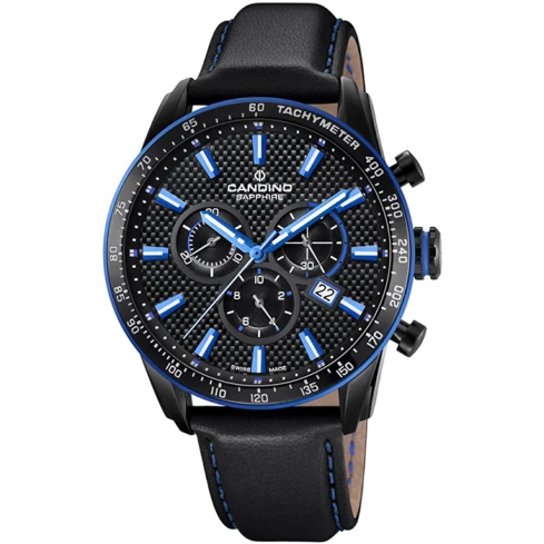 Мъжки ръчен часовник с кварцов механизъм - корпус от Стомана - Естествена кожа - цвят Черен Син