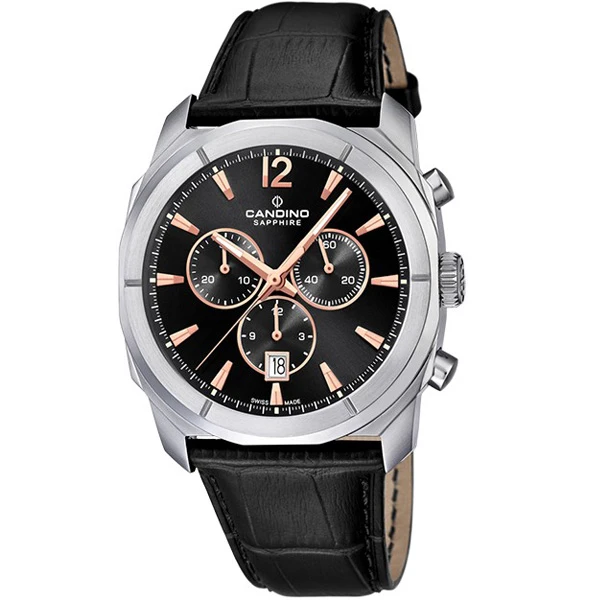 Мъжки ръчен часовник с кварцов механизъм - корпус от Стомана - Естествена кожа - цвят Черен Черен