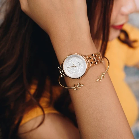 Дамски ръчен часовник с кварцов механизъм - корпус от Стомана - Стоманена верижка - цвят Бял Розово Злато