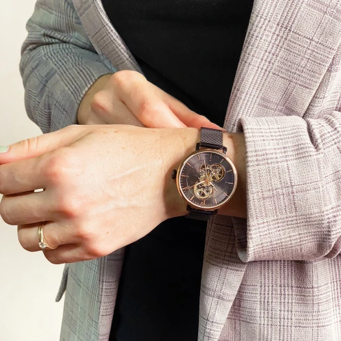 Дамски ръчен часовник с автоматичен механизъм - корпус от Стомана - Меш - цвят Черен