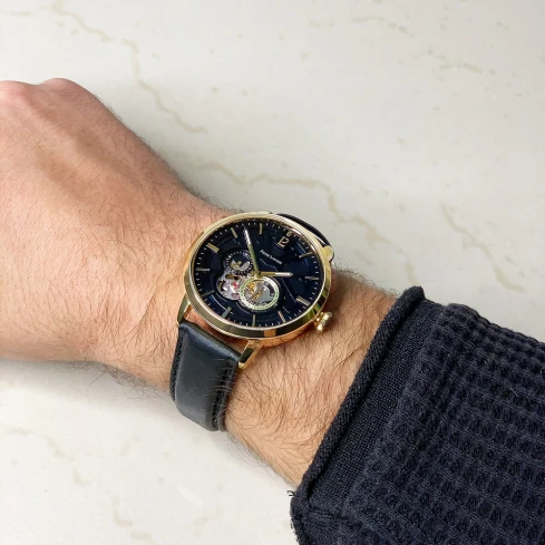 Мъжки ръчен часовник с автоматичен механизъм - корпус от Стомана - Естествена кожа - цвят Черен Черен