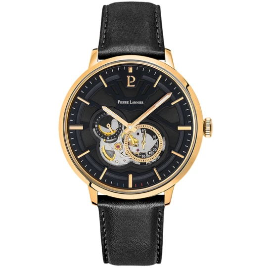 Мъжки ръчен часовник с автоматичен механизъм - корпус от Стомана - Естествена кожа - цвят Черен Черен