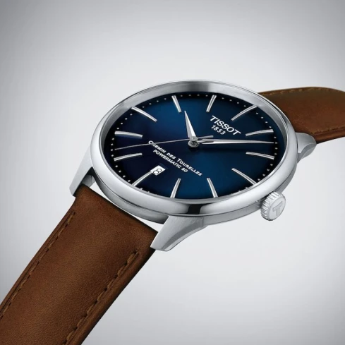 Мъжки ръчен часовник с автоматичен механизъм - корпус от Стомана - Естествена кожа - цвят Син