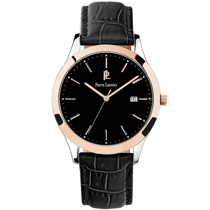 Мъжки ръчен часовник с кварцов механизъм - корпус от Стомана - Естествена кожа - цвят Черен Черен