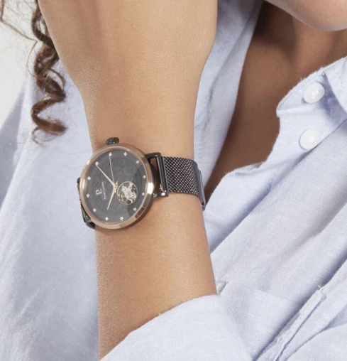 Дамски ръчен часовник с автоматичен механизъм - корпус от Стомана - Меш - цвят Черен Черен