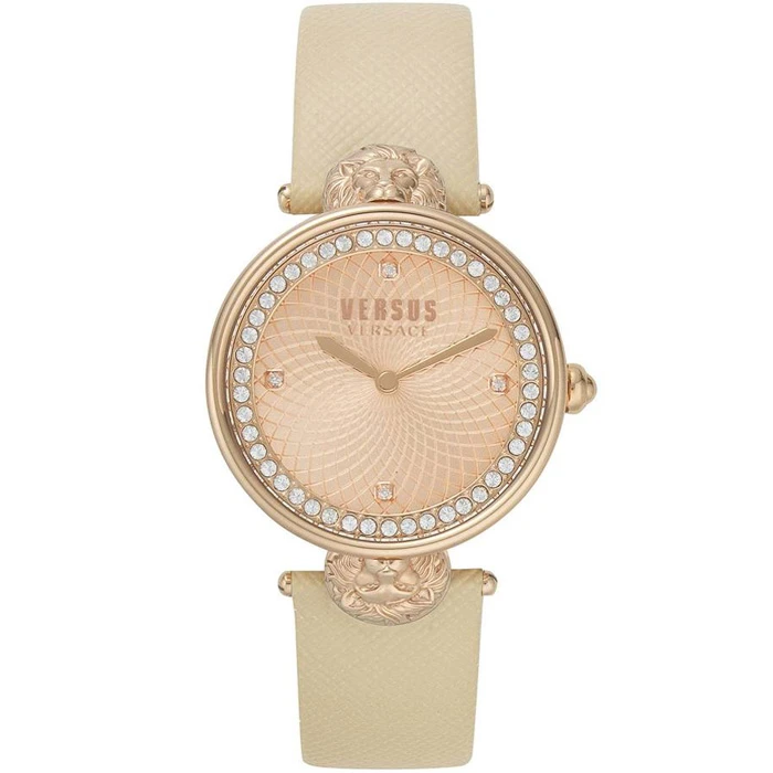 Дамски ръчен часовник с кварцов механизъм - корпус от Стомана - Синтетична кожа - цвят Розово Злато Бежов